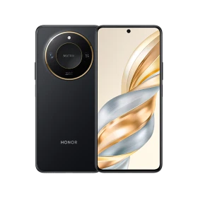 Honor X60 siyah akıllı telefonun ön ve arka görünümü, dairesel kamera modülü ve tam ekran tasarım