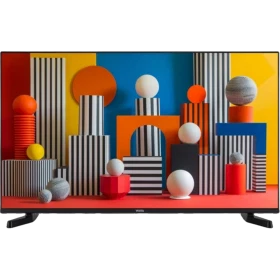 Vestel 43FA9740 Full HD LED TV, renkli geometrik şekillerin yer aldığı canlı ekran tasarımıyla önden görünüm
