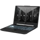 Asus TUF Gaming A15 FA506NCG-HN267A021 siyah oyuncu laptop, RGB aydınlatmalı klavye ve ekran görüntüsü.
