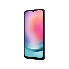 Samsung Galaxy A24 siyah akıllı telefon, önden ekran görünümü ve ince çerçeveli tasarım