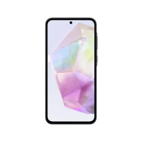 Samsung Galaxy A35 siyah akıllı telefonun önden görünümü, ince çerçeveli ekran ve ön kamera detayı