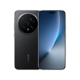 Honor Magic 8 Pro siyah akıllı telefon, ön ekran ve dairesel çoklu arka kamera modülüyle vitrin görünümü