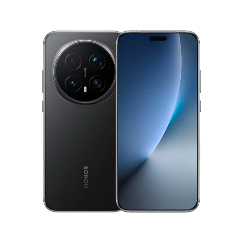 Honor Magic 8 Pro siyah akıllı telefon, ön ekran ve dairesel çoklu arka kamera modülüyle vitrin görünümü