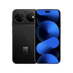 Siyah Huawei Nova 16 Ultra akıllı telefon, ön ekranı ve çift dairesel kameralı arka tasarımıyla önden ve arkadan görünüm