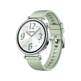 Huawei Watch GT 4 Kauçuk 41mm gümüş akıllı saat, yuvarlak kadran ve açık yeşil silikon kayış