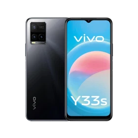 Vivo Y33s siyah akıllı telefon, ön ekran ve arka kamera modülüyle ön-arka görünüm ana vitrin görseli