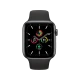 Apple Watch SE Cellular 44 mm siyah alüminyum kasa ve spor kordonlu akıllı saat, renkli kadranla önden görünüm