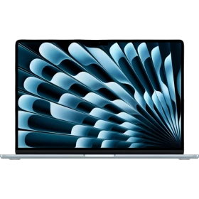 Apple MacBook Air M4 15.3 inç laptop, açık mavi renkte, önden açık ekranlı vitrin görünümü