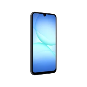 Samsung Galaxy A17 siyah akıllı telefon, ince çerçeveli ekran ve damla çentik tasarımıyla önden görünüm