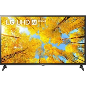 LG 43UQ75006LF Ultra HD 4K LED televizyon; sonbahar manzaralı ekran, siyah çerçeveli genel renkli model.