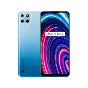 Mavi Realme C25 Y akıllı telefon, ön ekran ve arka kapak görünümü, çoklu kamera modülüyle vitrin çekimi