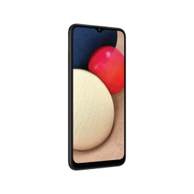 Samsung Galaxy A02s siyah akıllı telefon, önden görünüm; geniş ekran ve damla çentik tasarımı