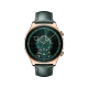 Honor Watch GS 4 altın akıllı saat, yeşil kadran ve koyu yeşil deri kayışla önden görünüm