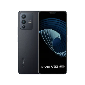 Vivo V23 siyah akıllı telefon, ön ekran ve arka üçlü kamera tasarımıyla vitrin görünümü