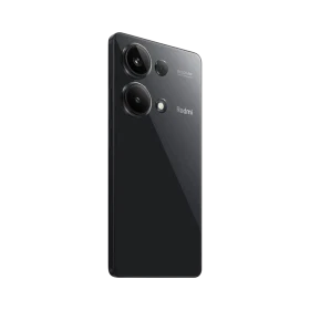 Xiaomi Redmi Note 13 Pro 4G siyah akıllı telefon, arka yüzey ve üçlü kamera modülü yakın plan görünüm