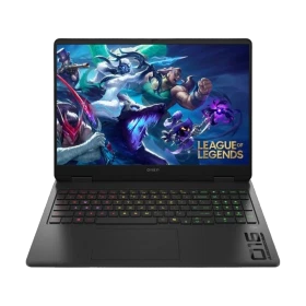HP OMEN Slim Gaming 16-an0017nt siyah oyuncu laptop; League of Legends ekranı açık, klavye görünüyor.