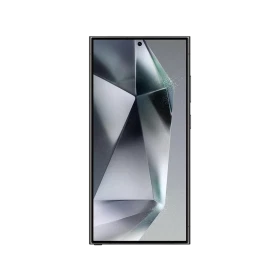 Samsung Galaxy S24 Ultra Titanyum Siyah akıllı telefonun önden görünümü, ince çerçeveli geniş ekran tasarımı