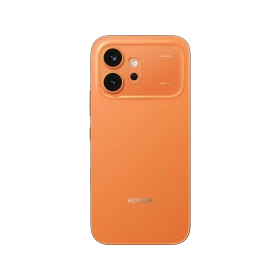Turuncu renkli Honor 600 akıllı telefonun arka yüzeyi ve çift kamera modülü detayı