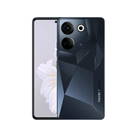 Tecno Camon 20 siyah akıllı telefon, ön ekran ve geometrik desenli arka kapak tasarımıyla vitrin görünümü