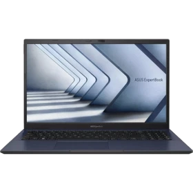 Siyah Asus ExpertBook B1 B1502CBA iş ve ofis laptopu, açık ekranlı ön görünüm, Intel i7 modeli