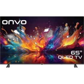 Onvo 65OVF9001UQ Ultra HD 4K QLED LED televizyon, renkli ekranı ve ayaklarıyla önden görünüm