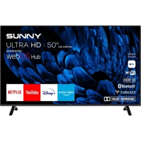 Sunny SN50FMN252 Ultra HD 4K 50 inç televizyon, siyah çerçeveli ekran ve ayaklarıyla önden görünüm