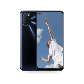 Lacivert Oppo A52 akıllı telefonun ön ve arka yüzü, geniş ekranı ve çoklu kamera modülüyle birlikte