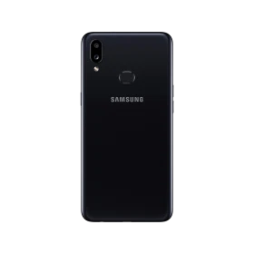 Samsung Galaxy A10s siyah akıllı telefonun arka yüzü; çift kamera ve parmak izi okuyucu detaylı tasarım
