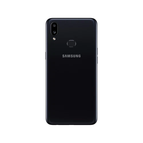 Samsung Galaxy A10s siyah akıllı telefonun arka yüzü; çift kamera ve parmak izi okuyucu detaylı tasarım