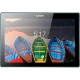 Lenovo Tab 10 siyah uygun fiyatlı tablet; üzerinde saat ve manzara ekranı görünen ön yüz tasarımı