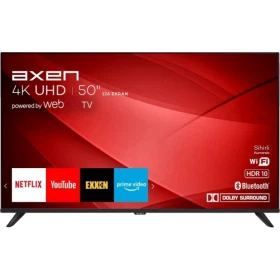 Axen AX50FIL242 Ultra HD 4K LED televizyon, ince siyah çerçeveli 50 inç ekran ve ayaklı tasarım