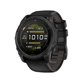 Garmin tactix 8 51mm AMOLED siyah akıllı saat, dayanıklı kasa ve dijital ekranıyla önden görünüm