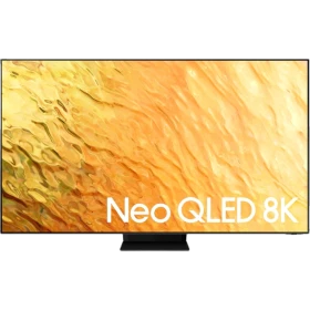 Samsung 75QN800B Ultra HD 8K QLED TV, Neo QLED 8K yazılı ekranda canlı renkler ve ince tasarım.
