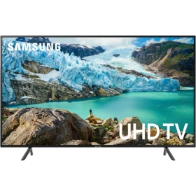 Samsung 50RU7105 Ultra HD 4K LED televizyon ekranında buzul dağ manzarası, genel siyah tasarım