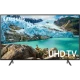 Samsung 50RU7105 Ultra HD 4K LED televizyon ekranında buzul dağ manzarası, genel siyah tasarım