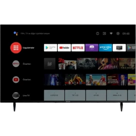 Onvo OV55F900 Ultra HD 4K LED televizyonun siyah çerçeveli ekranında akıllı TV arayüzü görülüyor.