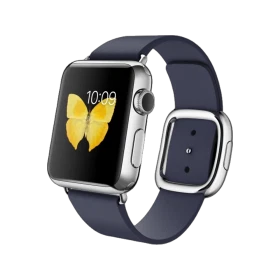 Apple Watch 38 mm gümüş paslanmaz çelik kasa, gece mavisi kayış ve modern tokalı akıllı saat