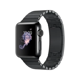 Apple Watch Series 2 38 mm, uzay siyahı paslanmaz çelik kasa ve baklalı bilezikle gösteriliyor