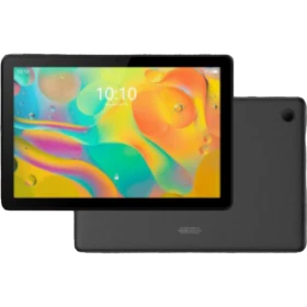 TCL Tab 10 HD siyah tablet, canlı ekran görüntüsüyle önden ve arkadan görünüyor.