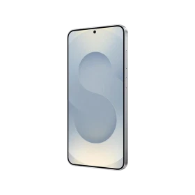 Gümüş Samsung Galaxy S25 Plus akıllı telefonun önden görünümü, ince çerçeveli ekran ve ortada kamera deliği