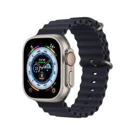 Apple Watch Ultra titanyum kasa ve lacivert Ocean kordonlu akıllı saat, önden ve yandan görünüm