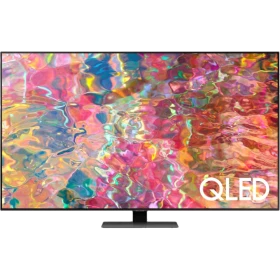 Samsung 75Q80B Ultra HD 4K QLED televizyon, canlı renklerle arka planda ekranda QLED yazısı bulunan vitrin görseli