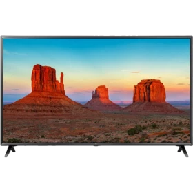 LG 55UK6300PLB Ultra HD 4K LED televizyon; ince çerçeveli tasarım, gün batımı manzaralı ekranla vitrin görünümü