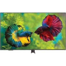 Grundig 55 GHQ 9500 Ultra HD 4K LED televizyon, renkli beta balıkları görüntüsüyle önden görünür.