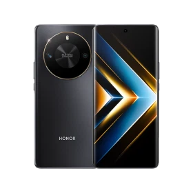 Honor X50 GT siyah akıllı telefonun ön ve arka yüzü, geniş ekran ve dairesel kamera modülüyle vitrin görünümü