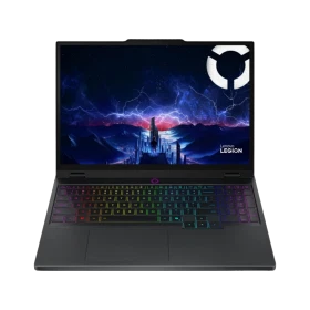 Lenovo Legion 5 15IRX10 83LY00CHTRF52 siyah oyuncu laptop, açık ekranda RGB aydınlatmalı klavye ile önden görünüm
