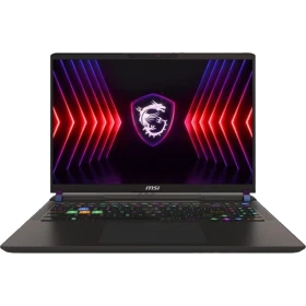 MSI Vector 16 HX A13VHG-495TR koyu gri oyuncu laptop; RGB klavye ve neon ekran temalı vitrin görünümü