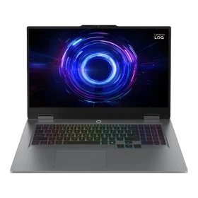 Gri Lenovo LOQ 17IRX10 W83JH006ETRF52 oyuncu laptop, açık ekran ve RGB aydınlatmalı klavye ile önden görünüm