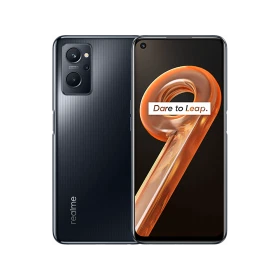 Siyah Realme 9i akıllı telefonun vitrin görünümü, ön ekran ve arka kamera tasarımı birlikte gösteriliyor