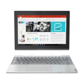 Lenovo Miix 320 gümüş renk iş ve ofis tabletinde ekran görüntüsü görünen vitrin modeli